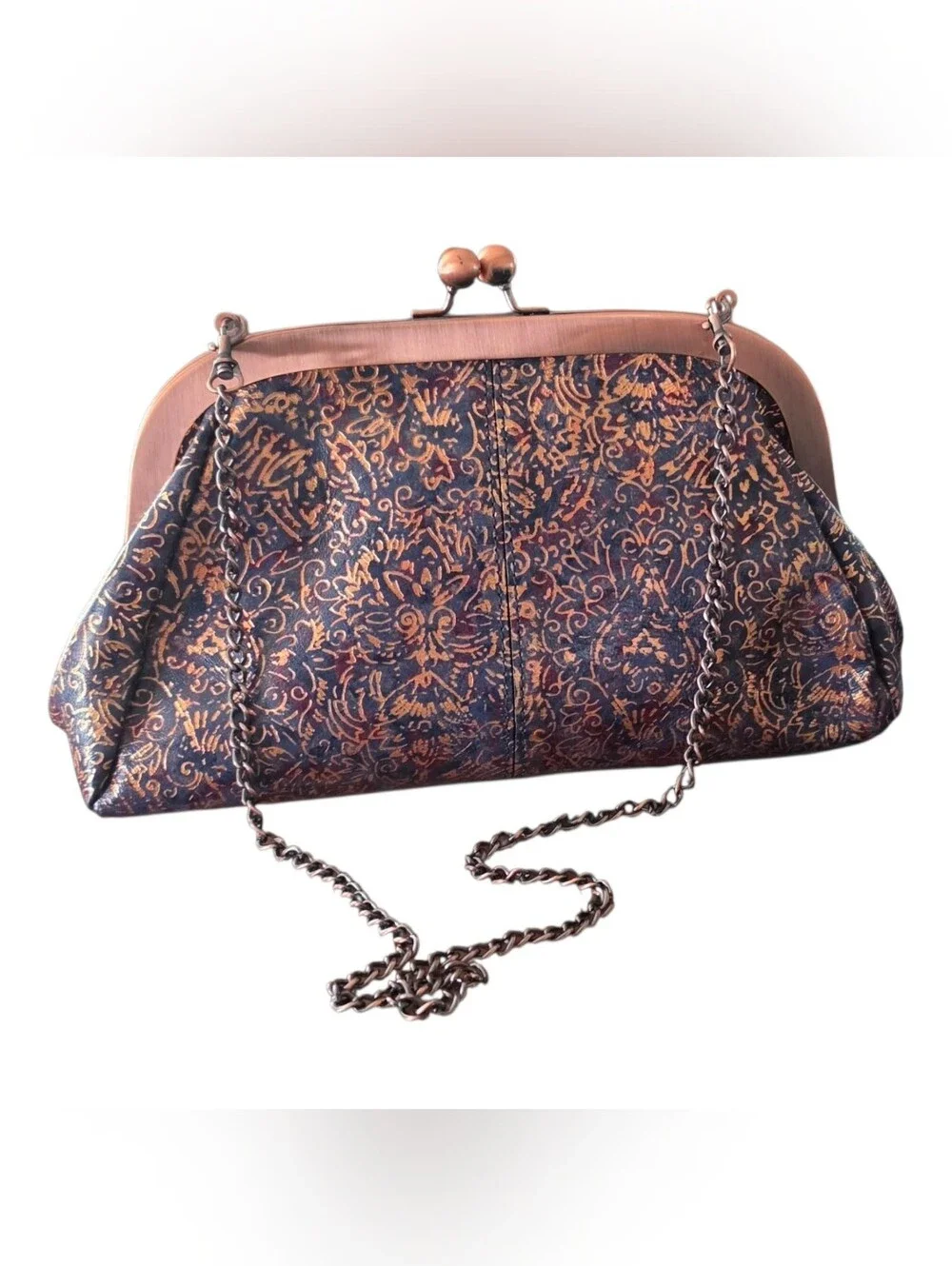 Patricia Nash Navy & Copper Floral Frame Clutch with Chain